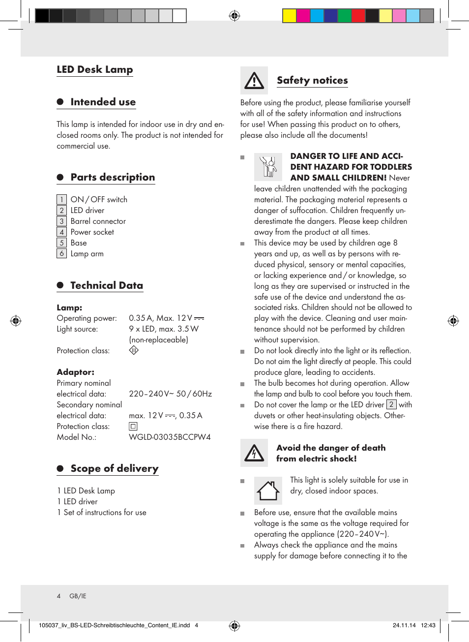 Led desk lamp, Intended use, Parts description | Technical data, Scope of delivery, Safety notices | Livarno 105037-14-01-BS/105037-14-02-BS/ 105037-14-03-BS/105037-14-04-BS User Manual | Page 4 / 6