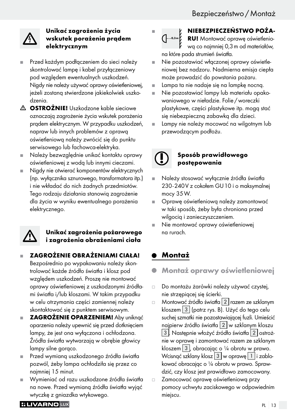 Bezpieczeństwo / montaż, Montaż, Montaż oprawy oświetleniowej | Livarno 2973-01хE User Manual | Page 13 / 49