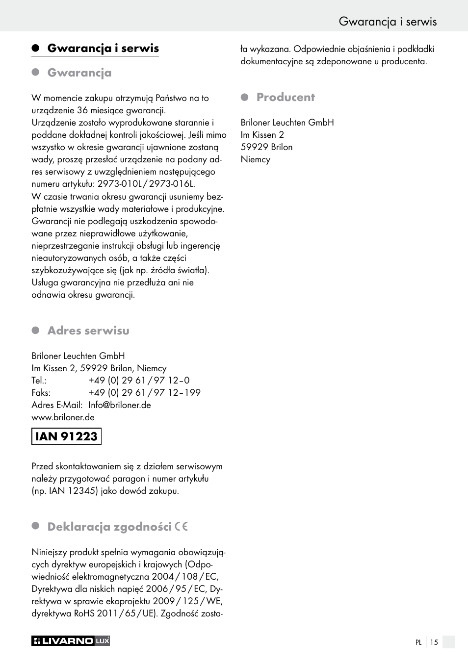 Gwarancja i serwis, Gwarancja, Adres serwisu | Deklaracja zgodności, Producent | Livarno 2973-01хE User Manual | Page 15 / 49