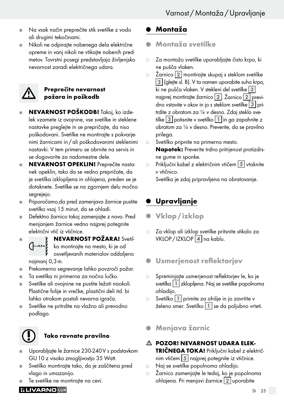 Varnost / montaža / upravljanje, Montaža, Montaža svetilke | Upravljanje, Vklop / izklop, Usmerjenost reflektorjev, Menjava žarnic | Livarno 2973-01хE User Manual | Page 25 / 49