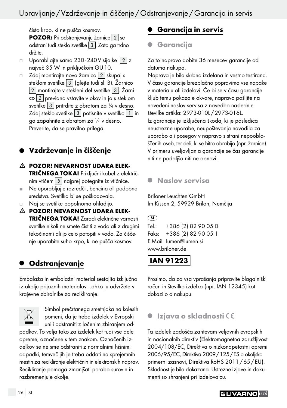 Vzdrževanje in čiščenje, Odstranjevanje, Garancija in servis | Garancija, Naslov servisa, Izjava o skladnosti | Livarno 2973-01хE User Manual | Page 26 / 49