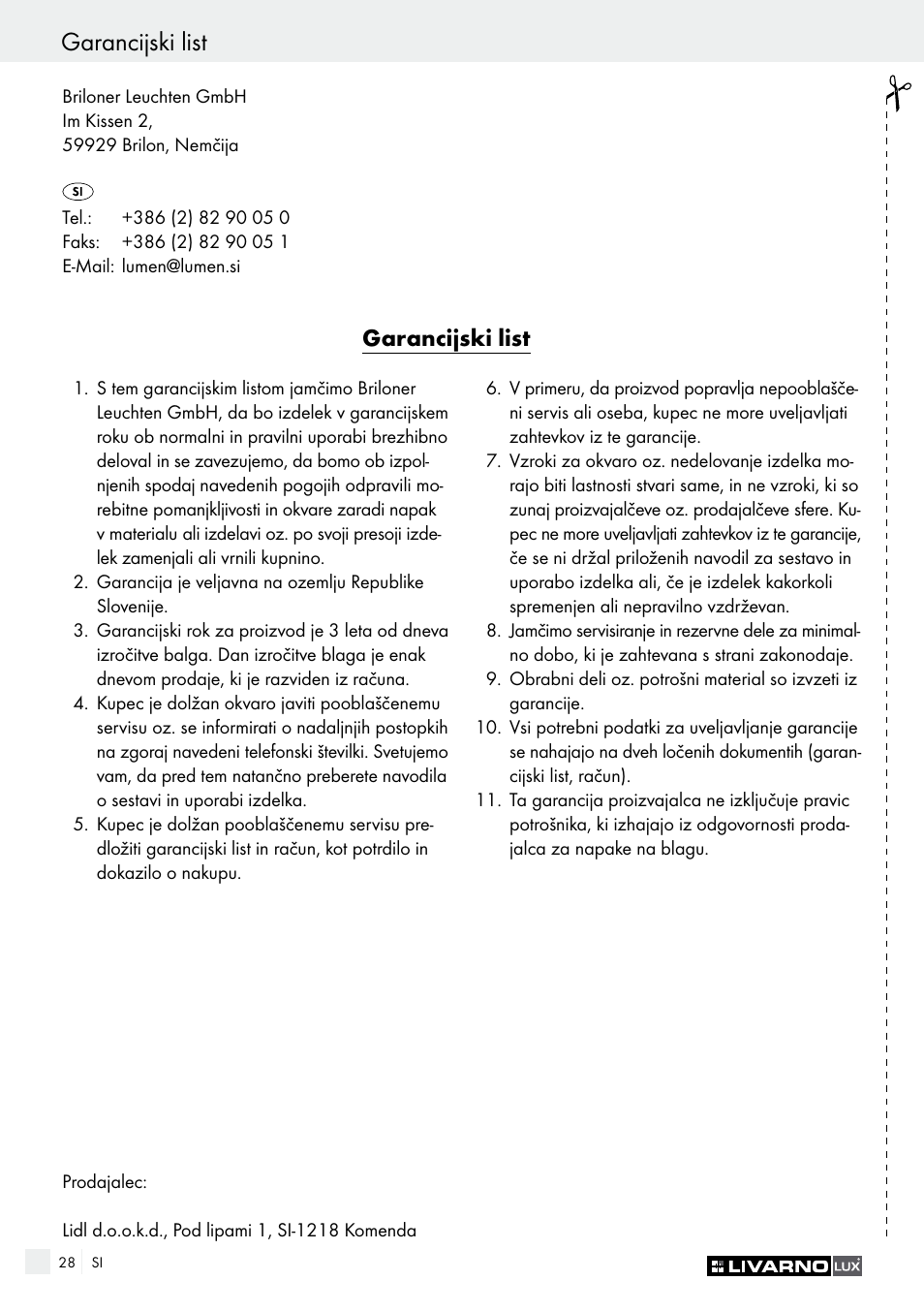 Garancijski list | Livarno 2973-01хE User Manual | Page 28 / 49
