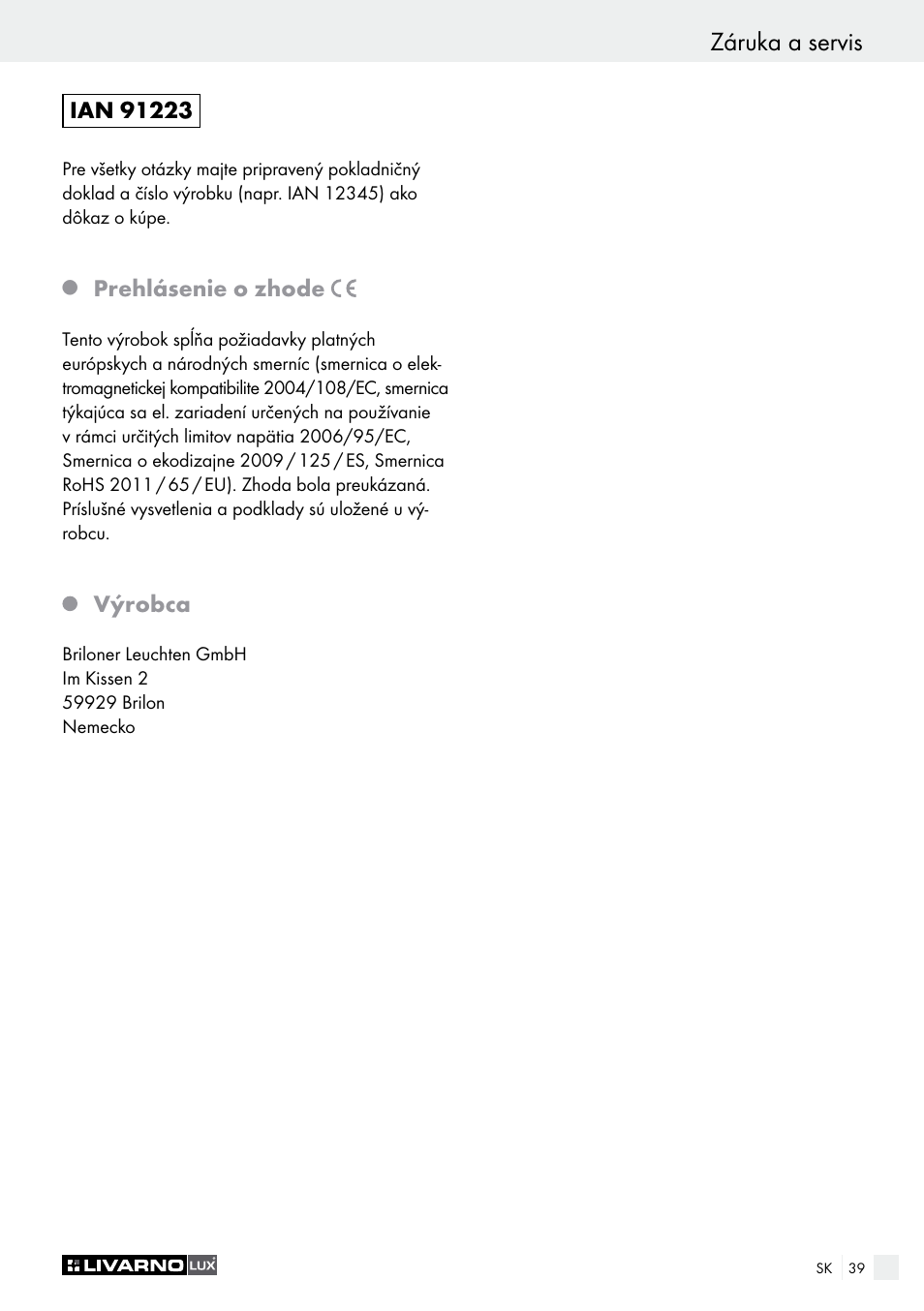 Záruka a servis, Prehlásenie o zhode, Výrobca | Livarno 2973-01хE User Manual | Page 39 / 49
