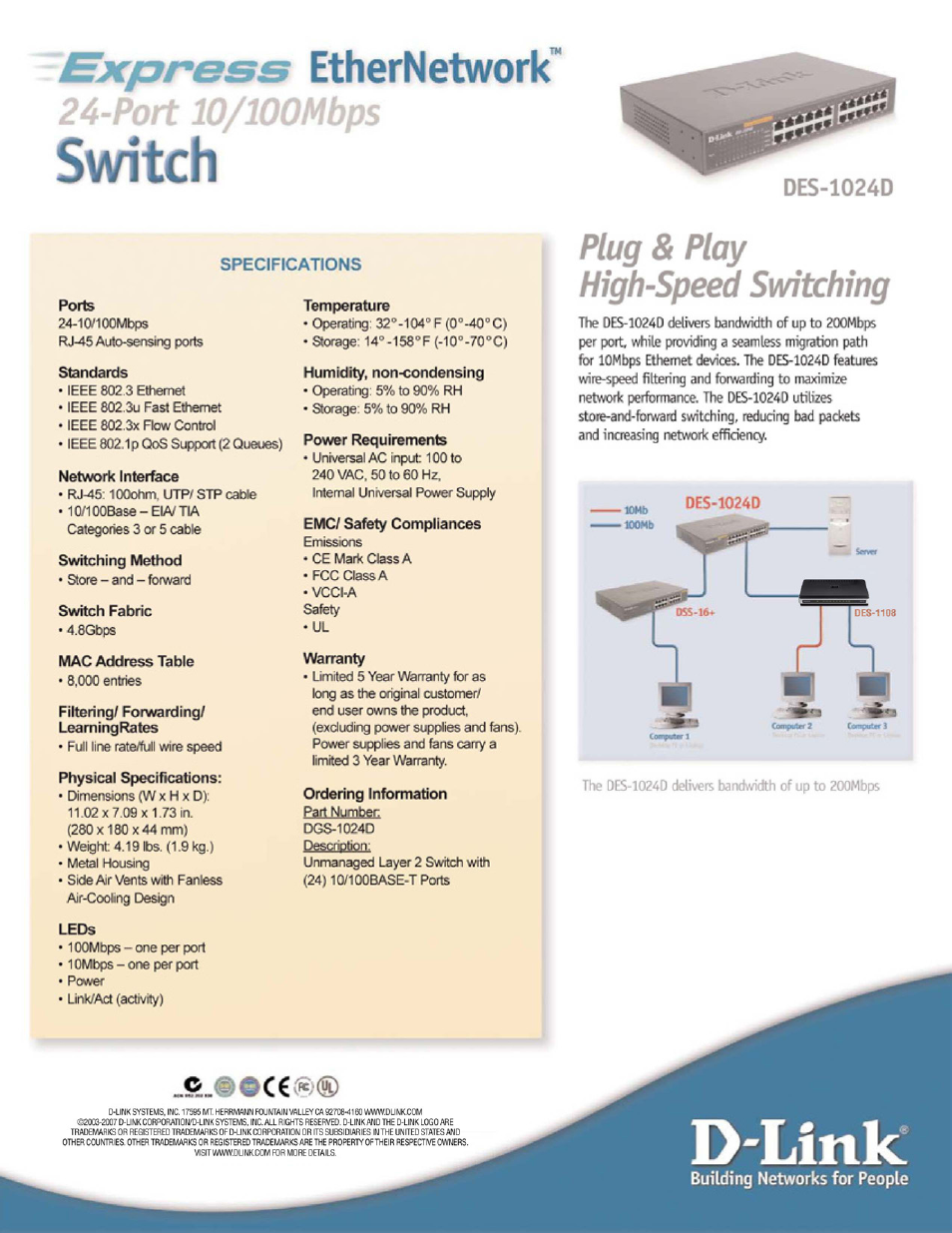 Port lo/loombps, Plug & play high-speed switching, Switch | Ethernetwork, Des-1024d, Specifications | D-Link DES-1024D User Manual | Page 2 / 2