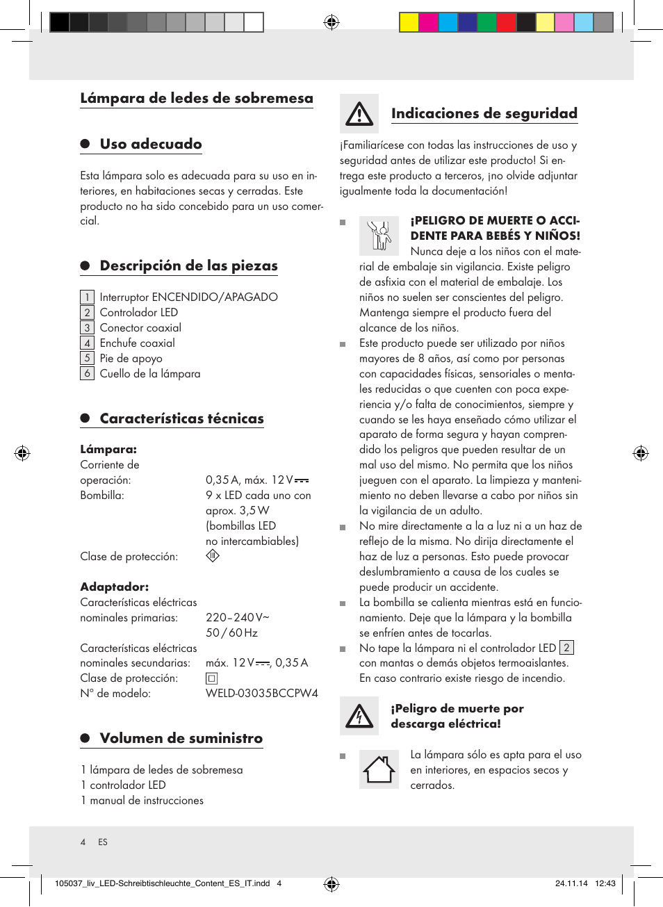 Lámpara de ledes de sobremesa, Uso adecuado, Descripción de las piezas | Características técnicas, Volumen de suministro, Indicaciones de seguridad | Livarno 105037-14-01-BS/105037-14-02-BS/ 105037-14-03-BS/105037-14-04-BS User Manual | Page 4 / 15