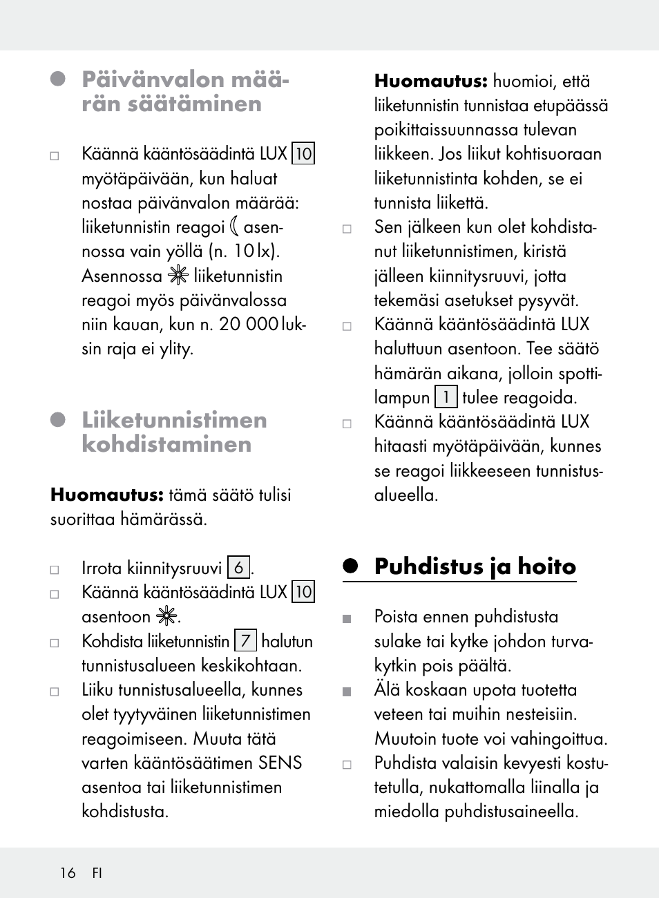 Päivänvalon mää- rän säätäminen, Liiketunnistimen kohdistaminen, Puhdistus ja hoito | Livarno Z31710A, Z31710B User Manual | Page 16 / 61