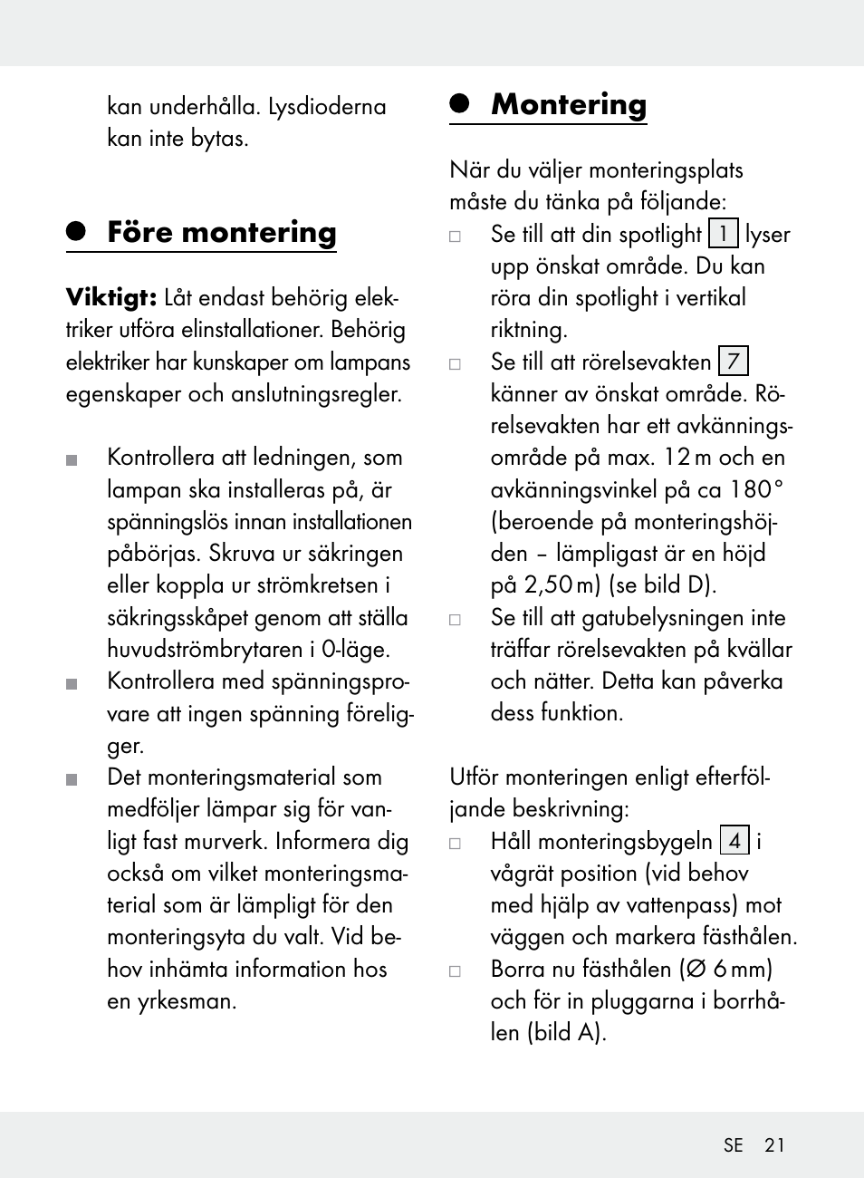 Före montering, Montering | Livarno Z31710A, Z31710B User Manual | Page 21 / 61