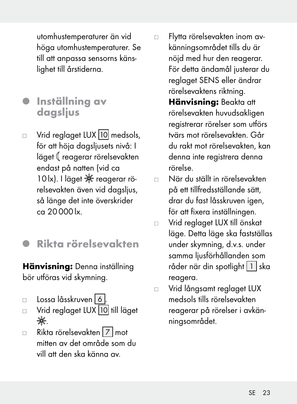 Inställning av dagsljus, Rikta rörelsevakten | Livarno Z31710A, Z31710B User Manual | Page 23 / 61