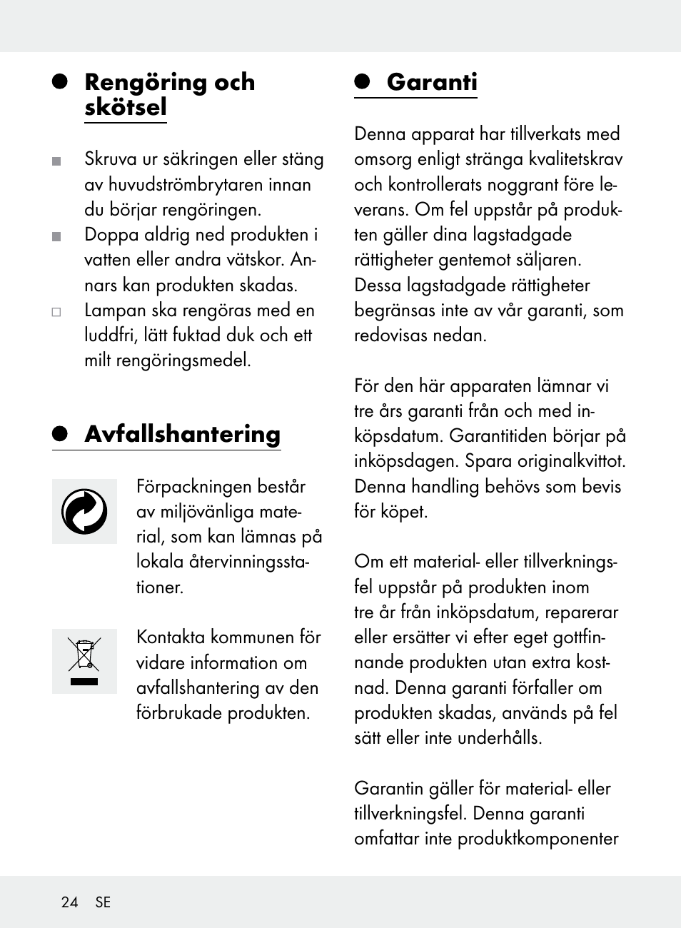 Rengöring och skötsel, Avfallshantering, Garanti | Livarno Z31710A, Z31710B User Manual | Page 24 / 61