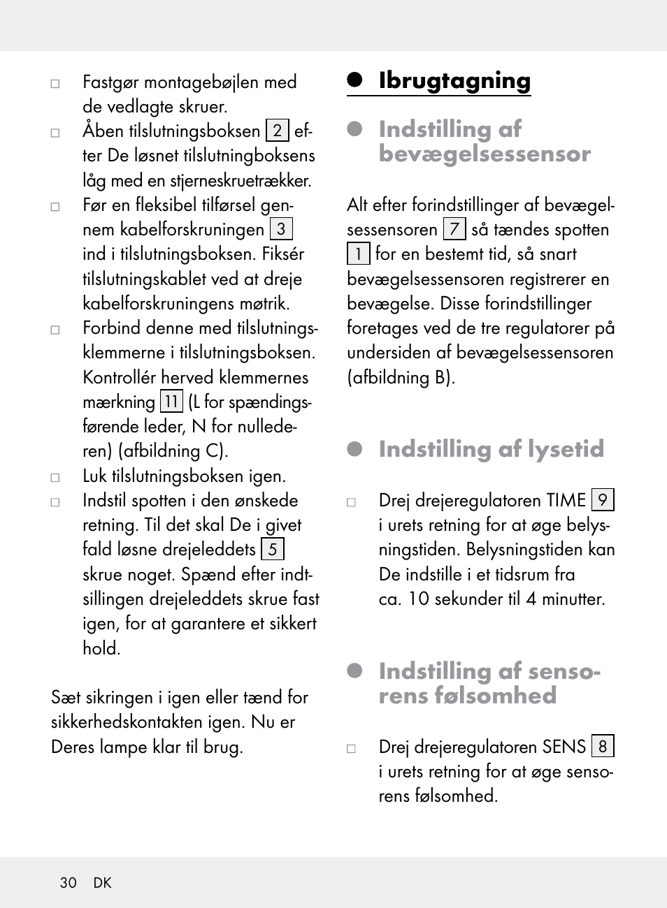 Ibrugtagning indstilling af bevægelsessensor, Indstilling af lysetid, Indstilling af senso- rens følsomhed | Livarno Z31710A, Z31710B User Manual | Page 30 / 61