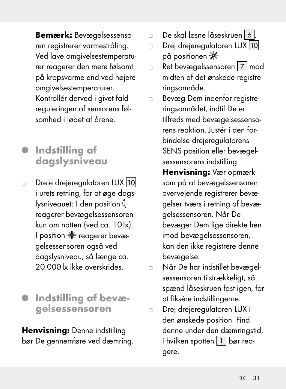 Indstilling af dagslysniveau, Indstilling af bevæ- gelsessensoren | Livarno Z31710A, Z31710B User Manual | Page 31 / 61