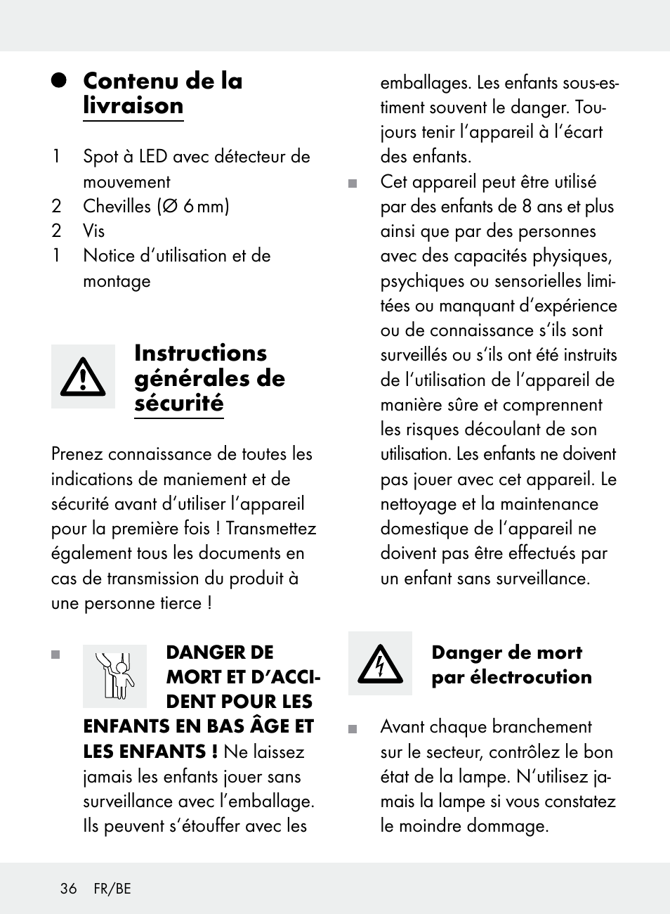 Contenu de la livraison, Instructions générales de sécurité | Livarno Z31710A, Z31710B User Manual | Page 36 / 61