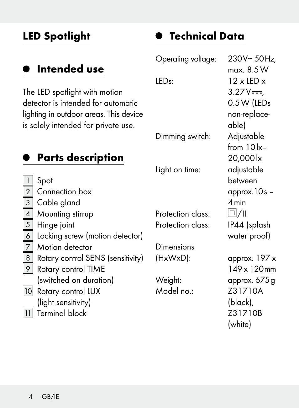 Led spotlight, Intended use, Parts description | Technical data | Livarno Z31710A, Z31710B User Manual | Page 4 / 61