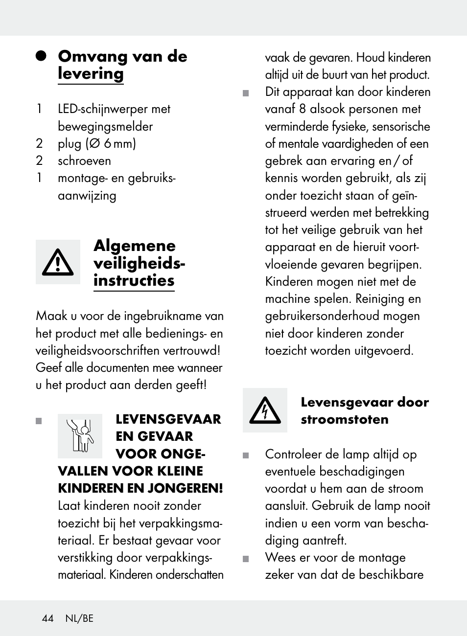 Omvang van de levering, Algemene veiligheids- instructies | Livarno Z31710A, Z31710B User Manual | Page 44 / 61