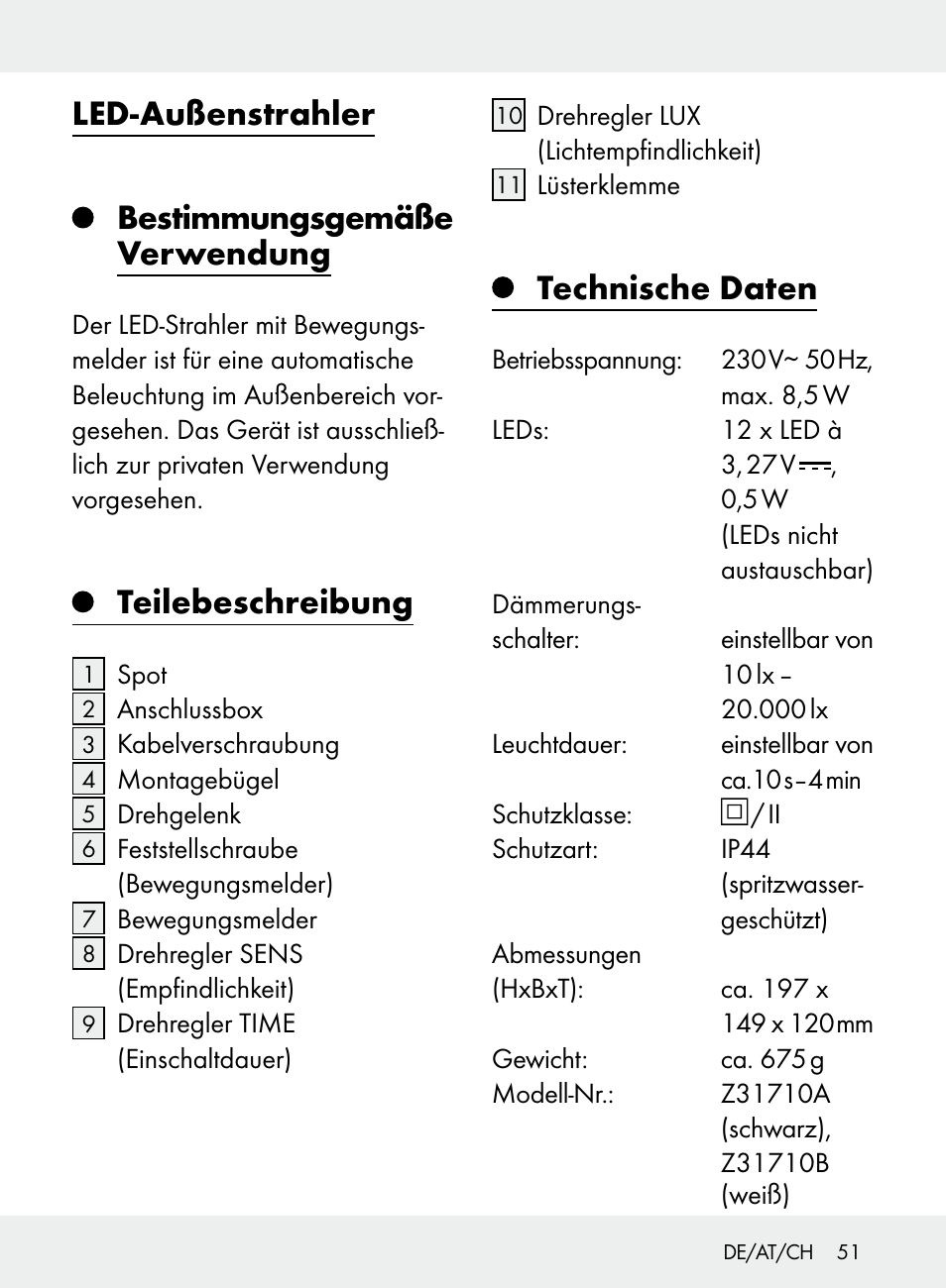 Led-außenstrahler, Bestimmungsgemäße verwendung, Teilebeschreibung | Technische daten | Livarno Z31710A, Z31710B User Manual | Page 51 / 61