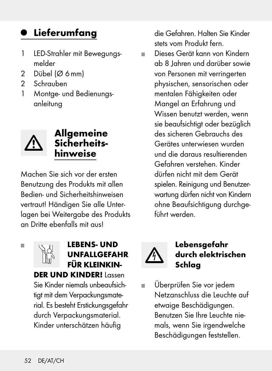 Lieferumfang, Allgemeine sicherheits- hinweise | Livarno Z31710A, Z31710B User Manual | Page 52 / 61