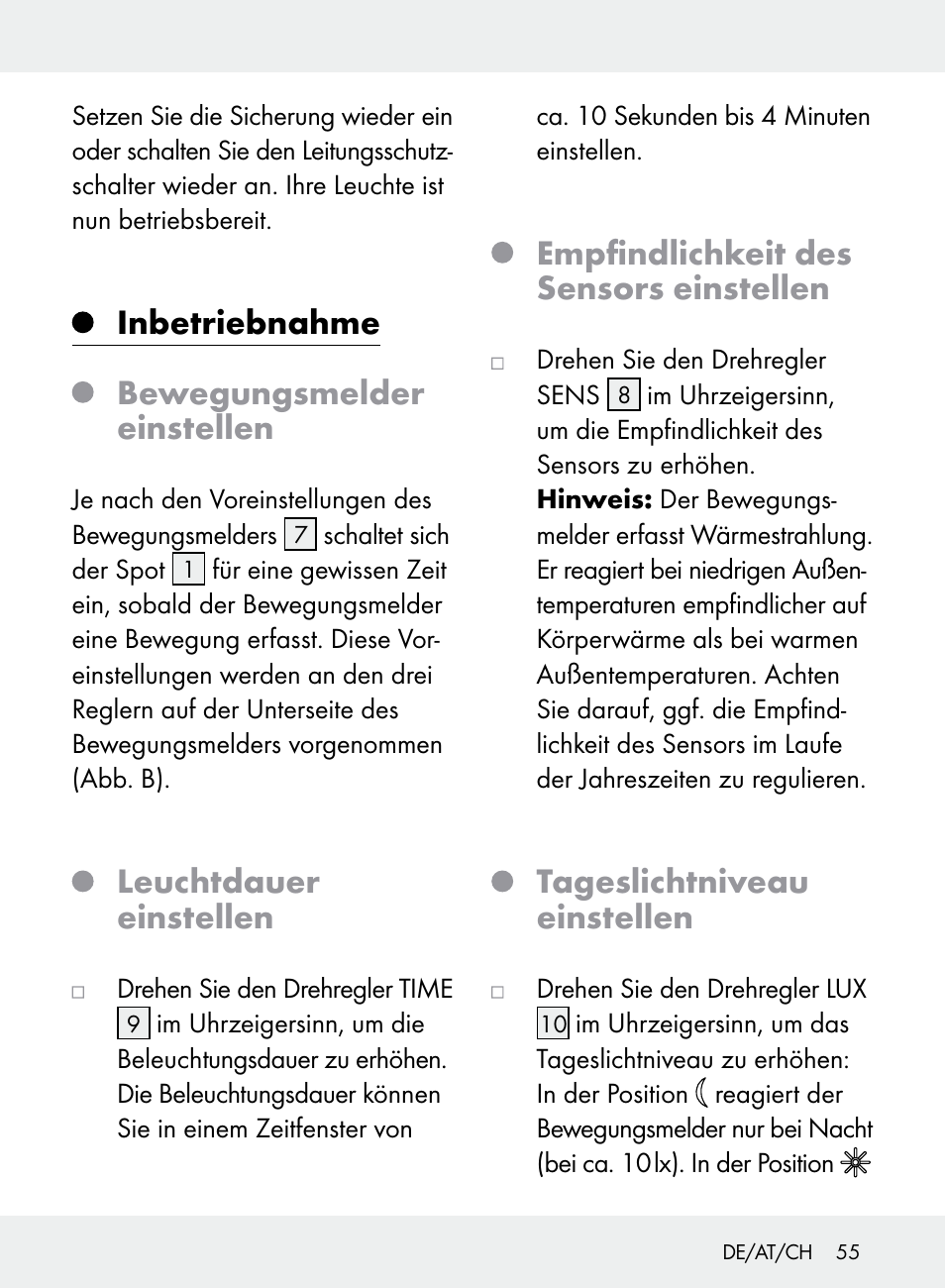 Inbetriebnahme bewegungsmelder einstellen, Leuchtdauer einstellen, Empfindlichkeit des sensors einstellen | Tageslichtniveau einstellen | Livarno Z31710A, Z31710B User Manual | Page 55 / 61