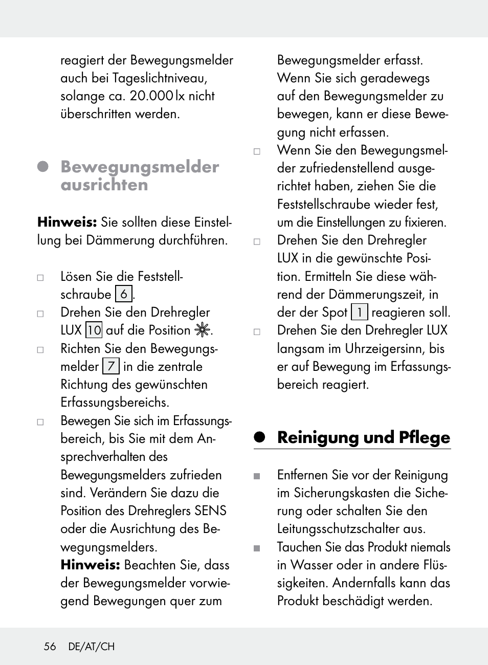 Bewegungsmelder ausrichten, Reinigung und pflege | Livarno Z31710A, Z31710B User Manual | Page 56 / 61