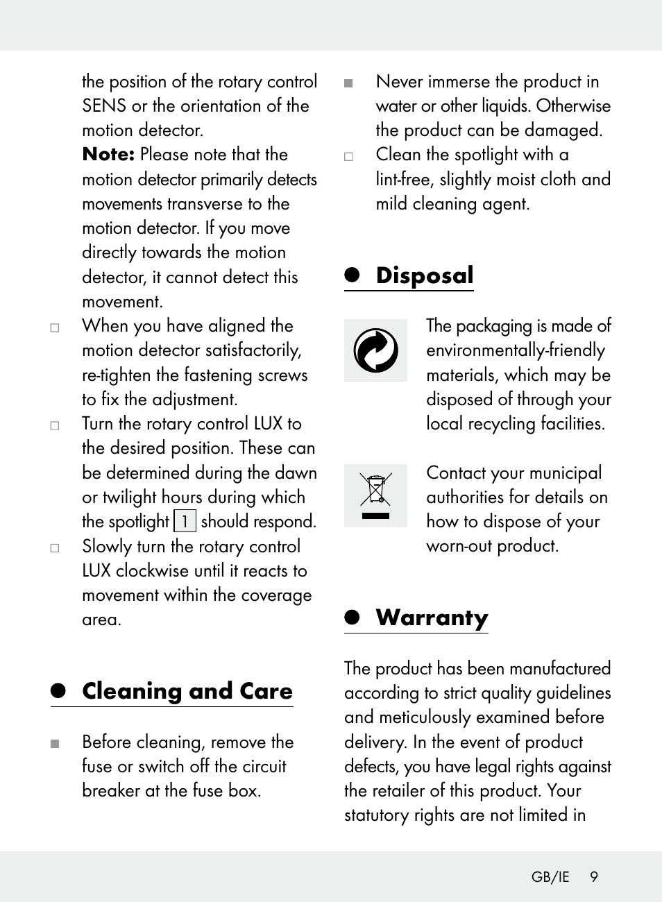 Cleaning and care, Disposal, Warranty | Livarno Z31710A, Z31710B User Manual | Page 9 / 61