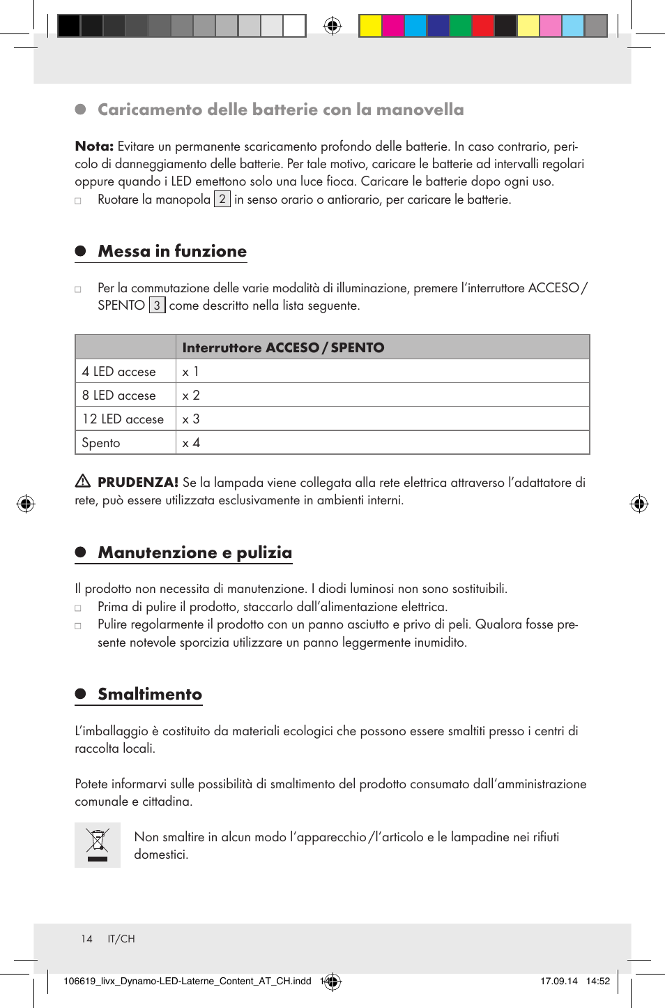 Caricamento delle batterie con la manovella, Messa in funzione, Manutenzione e pulizia | Smaltimento | Livarno Z31095 User Manual | Page 14 / 16