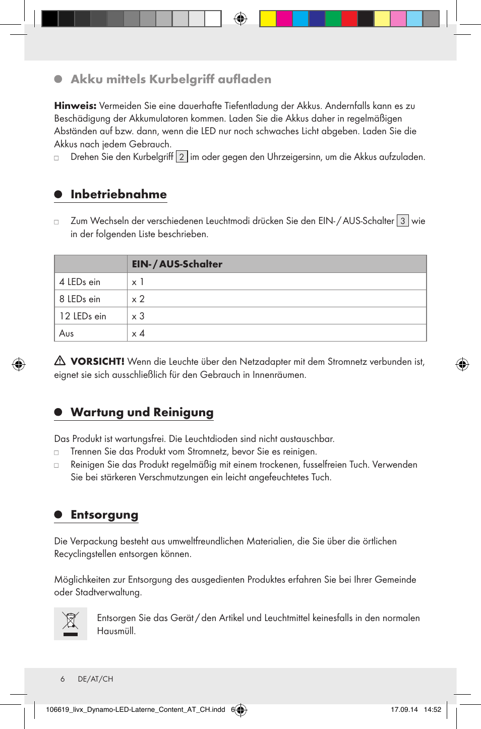 Akku mittels kurbelgriff aufladen, Inbetriebnahme, Wartung und reinigung | Entsorgung | Livarno Z31095 User Manual | Page 6 / 16