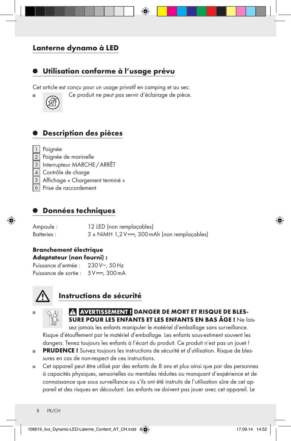 Lanterne dynamo à led, Utilisation conforme à l’usage prévu, Description des pièces | Données techniques, Instructions de sécurité | Livarno Z31095 User Manual | Page 8 / 16