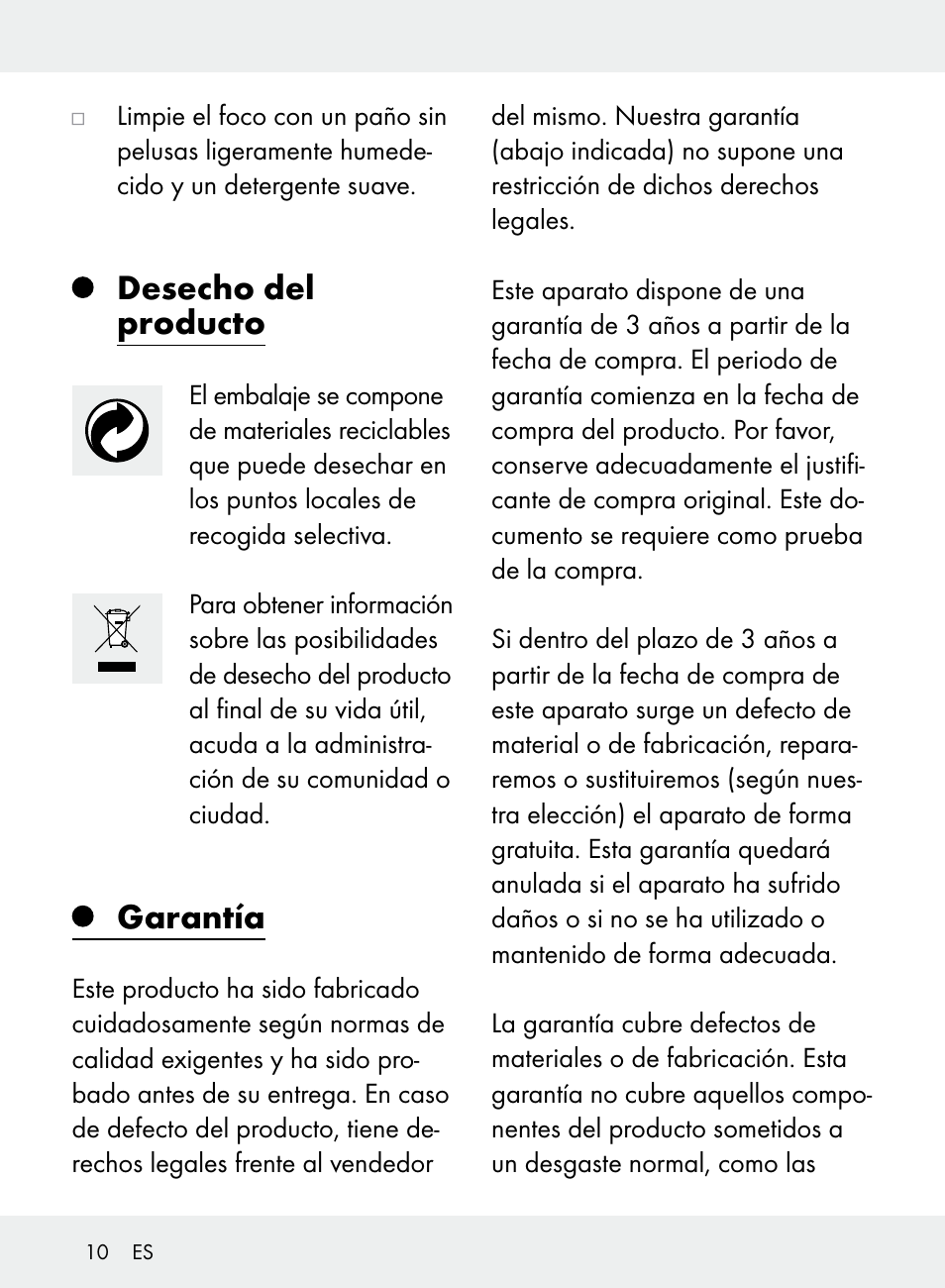 Desecho del producto, Garantía | Livarno Z31710A, Z31710B User Manual | Page 10 / 49