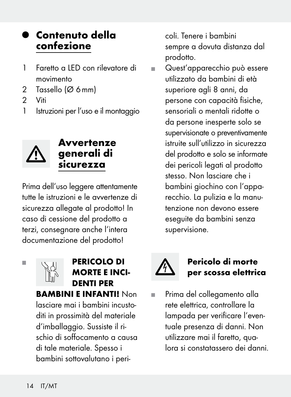 Contenuto della confezione, Avvertenze generali di sicurezza | Livarno Z31710A, Z31710B User Manual | Page 14 / 49