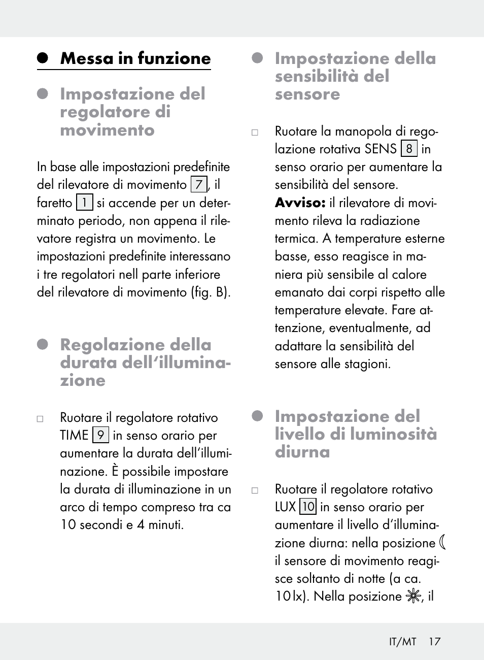 Regolazione della durata dell‘illumina- zione, Impostazione della sensibilità del sensore, Impostazione del livello di luminosità diurna | Livarno Z31710A, Z31710B User Manual | Page 17 / 49