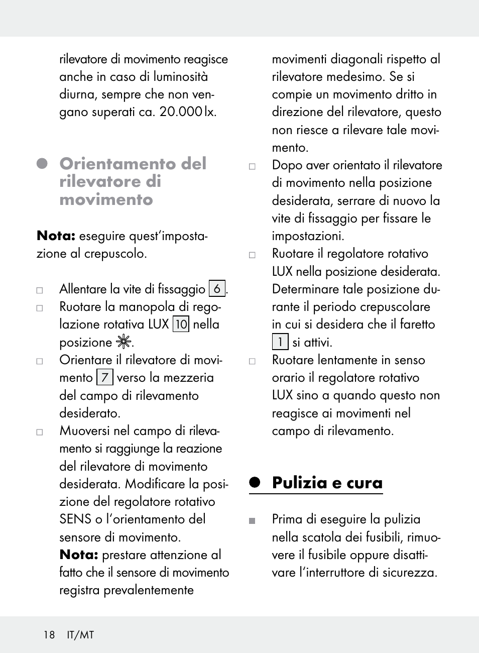 Orientamento del rilevatore di movimento, Pulizia e cura | Livarno Z31710A, Z31710B User Manual | Page 18 / 49