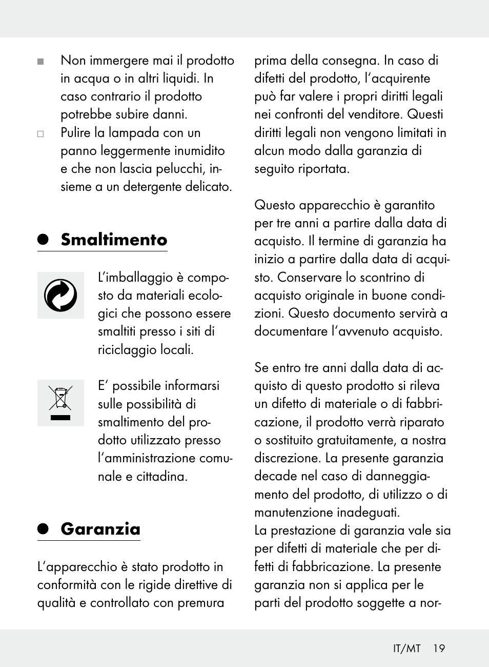 Smaltimento, Garanzia | Livarno Z31710A, Z31710B User Manual | Page 19 / 49