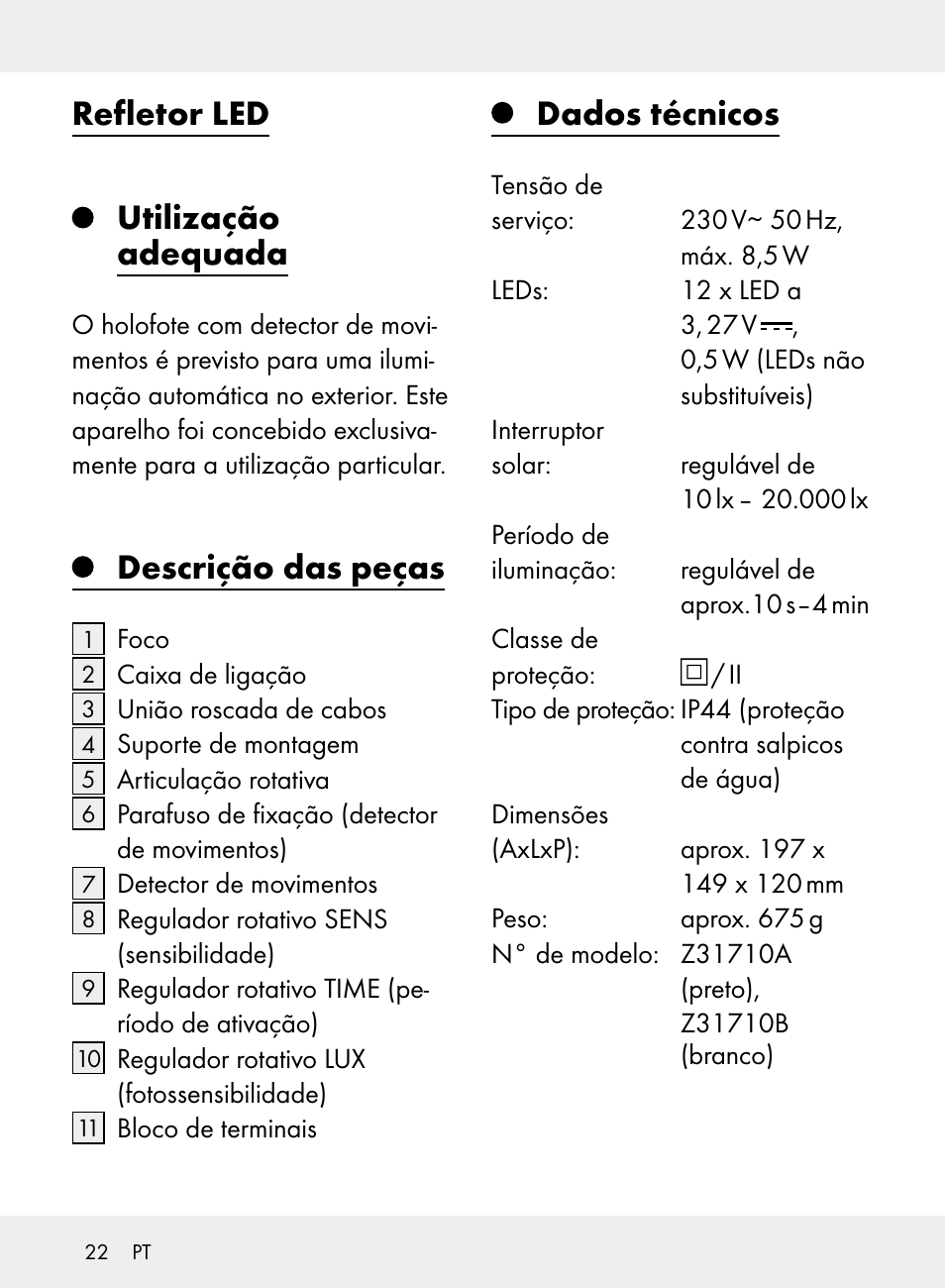 Refletor led, Utilização adequada, Descrição das peças | Dados técnicos | Livarno Z31710A, Z31710B User Manual | Page 22 / 49