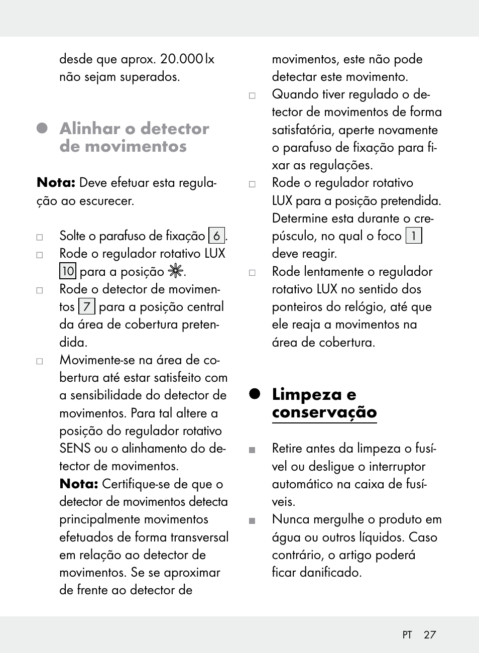 Alinhar o detector de movimentos, Limpeza e conservação | Livarno Z31710A, Z31710B User Manual | Page 27 / 49