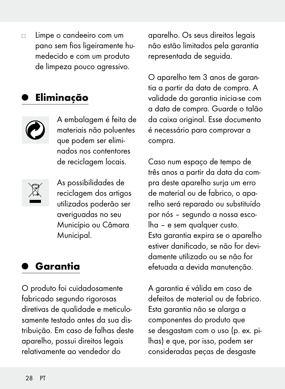 Eliminação, Garantia | Livarno Z31710A, Z31710B User Manual | Page 28 / 49