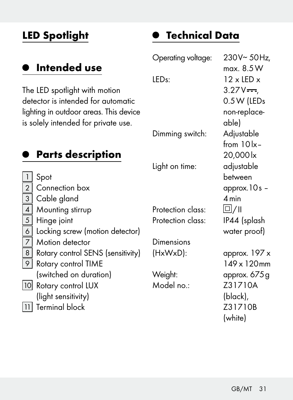 Led spotlight, Intended use, Parts description | Technical data | Livarno Z31710A, Z31710B User Manual | Page 31 / 49