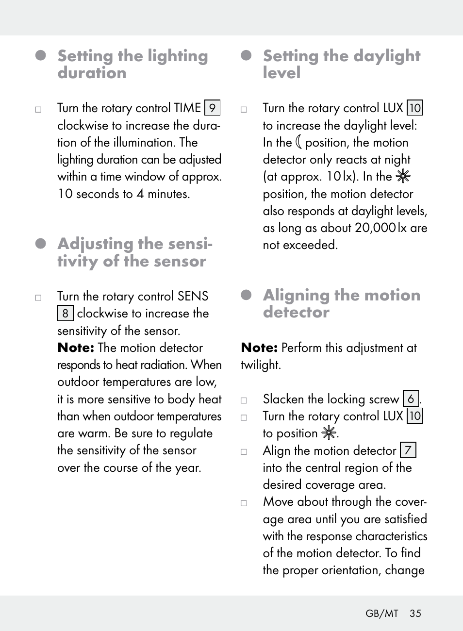 Setting the lighting duration, Adjusting the sensi- tivity of the sensor, Setting the daylight level | Aligning the motion detector | Livarno Z31710A, Z31710B User Manual | Page 35 / 49