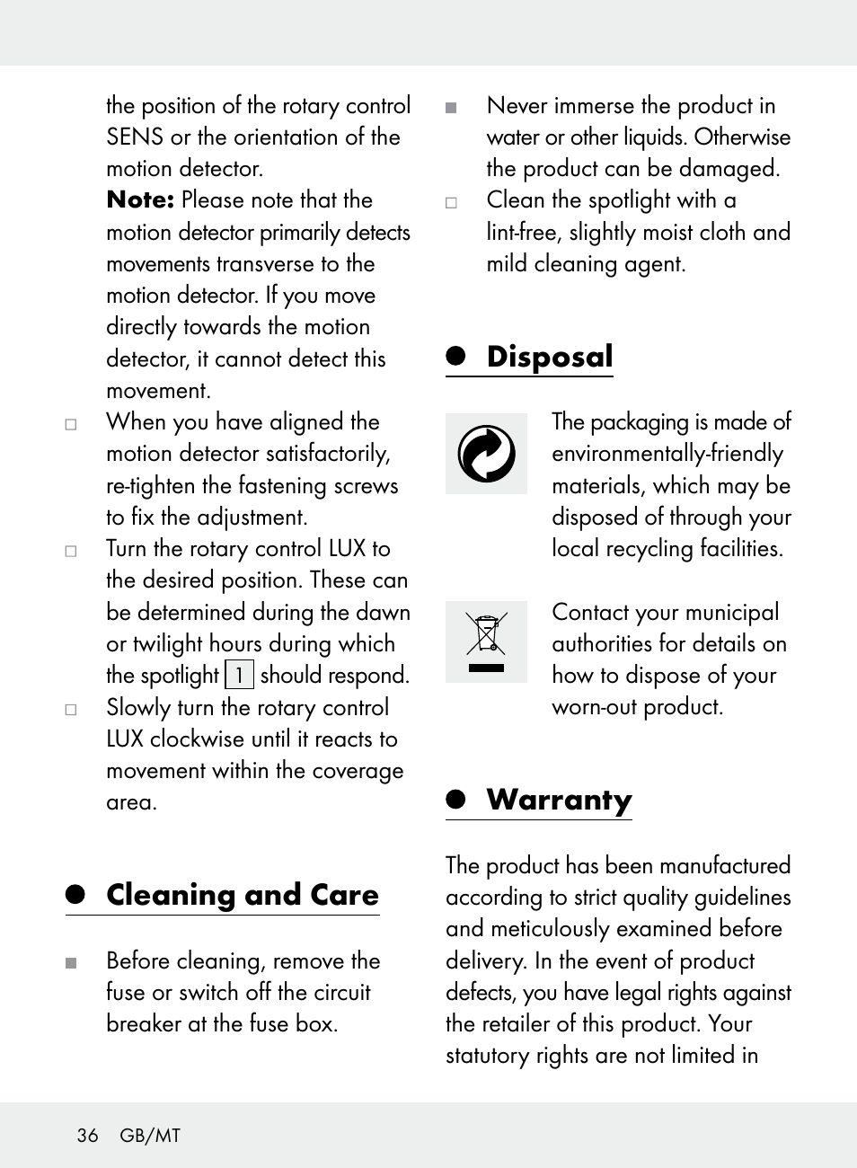 Cleaning and care, Disposal, Warranty | Livarno Z31710A, Z31710B User Manual | Page 36 / 49