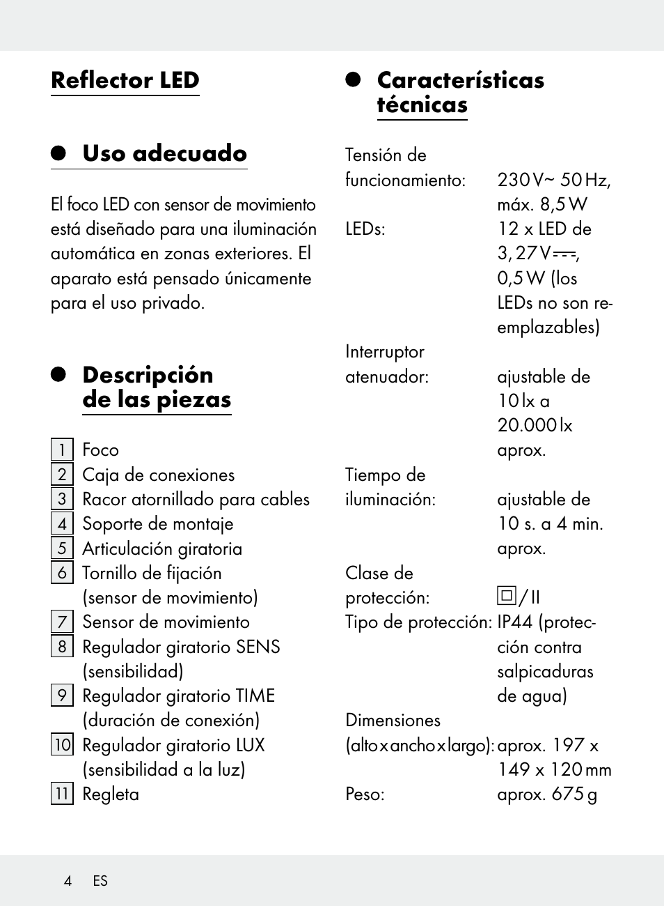 Reflector led, Uso adecuado, Descripción de las piezas | Características técnicas | Livarno Z31710A, Z31710B User Manual | Page 4 / 49