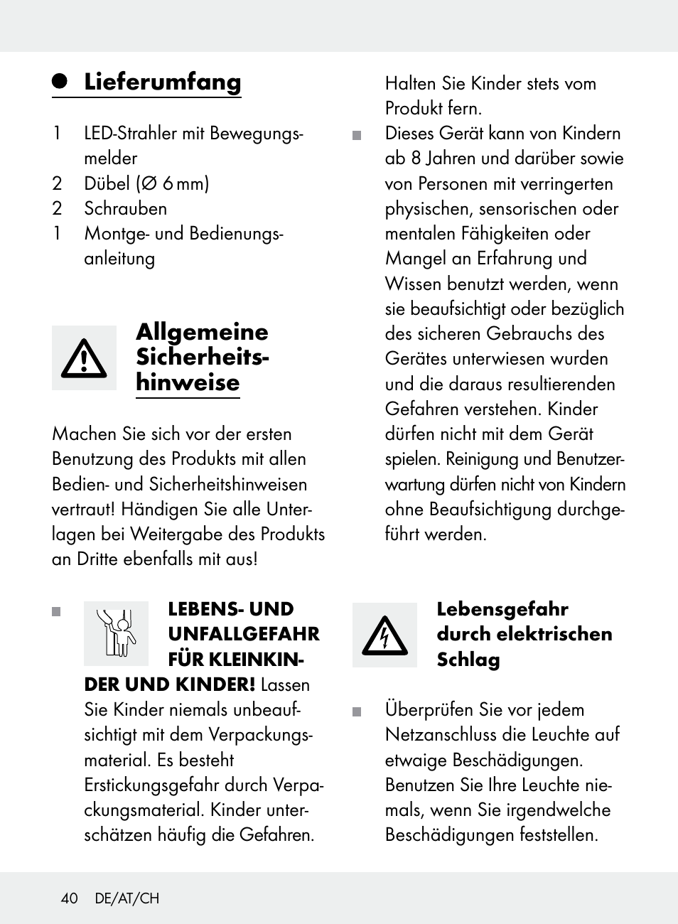 Lieferumfang, Allgemeine sicherheits- hinweise | Livarno Z31710A, Z31710B User Manual | Page 40 / 49