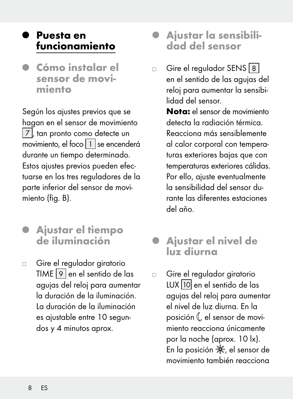 Ajustar el tiempo de iluminación, Ajustar la sensibili- dad del sensor, Ajustar el nivel de luz diurna | Livarno Z31710A, Z31710B User Manual | Page 8 / 49