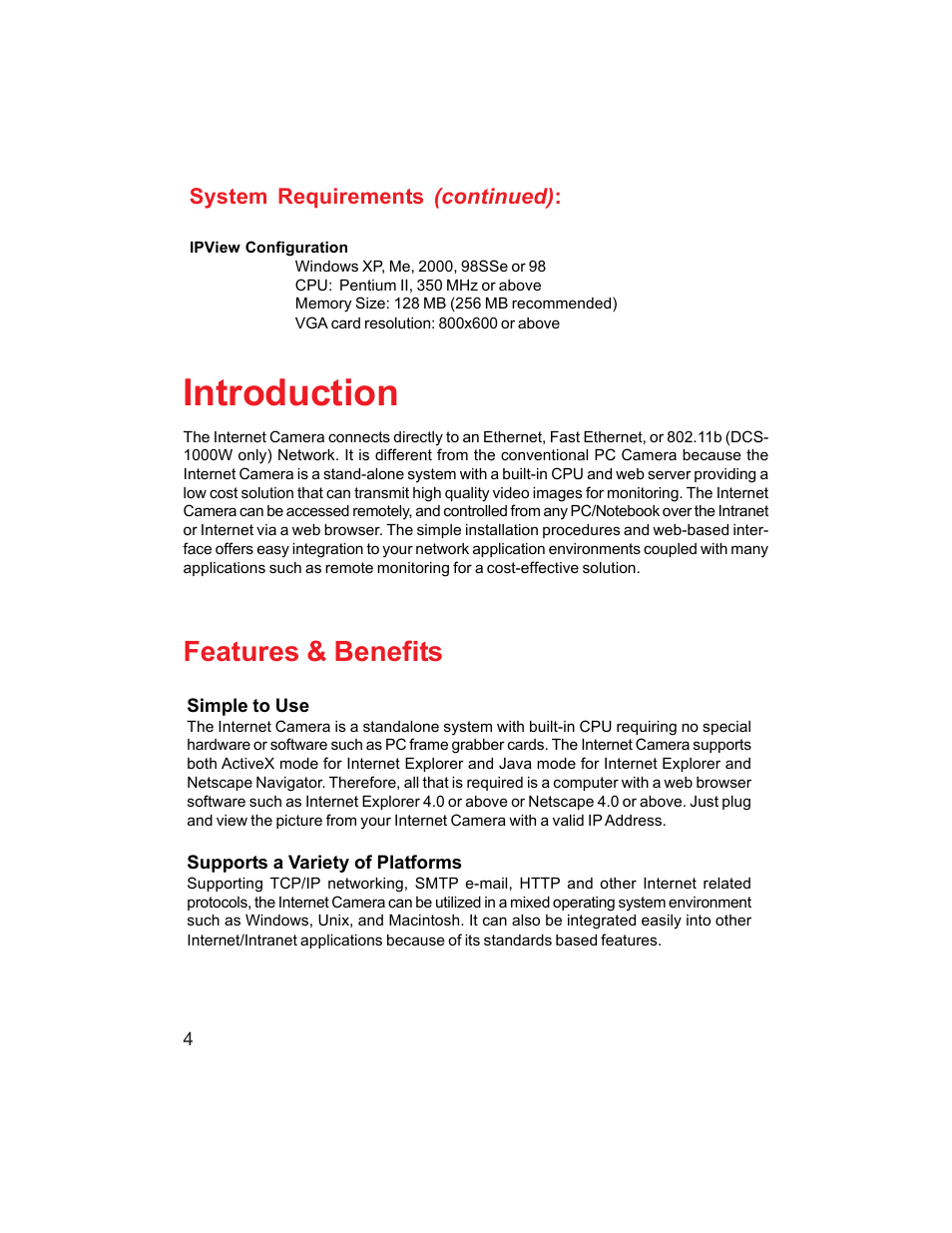 Introduction, Features & benefits | D-Link DCS-1000W User Manual | Page 4 / 97