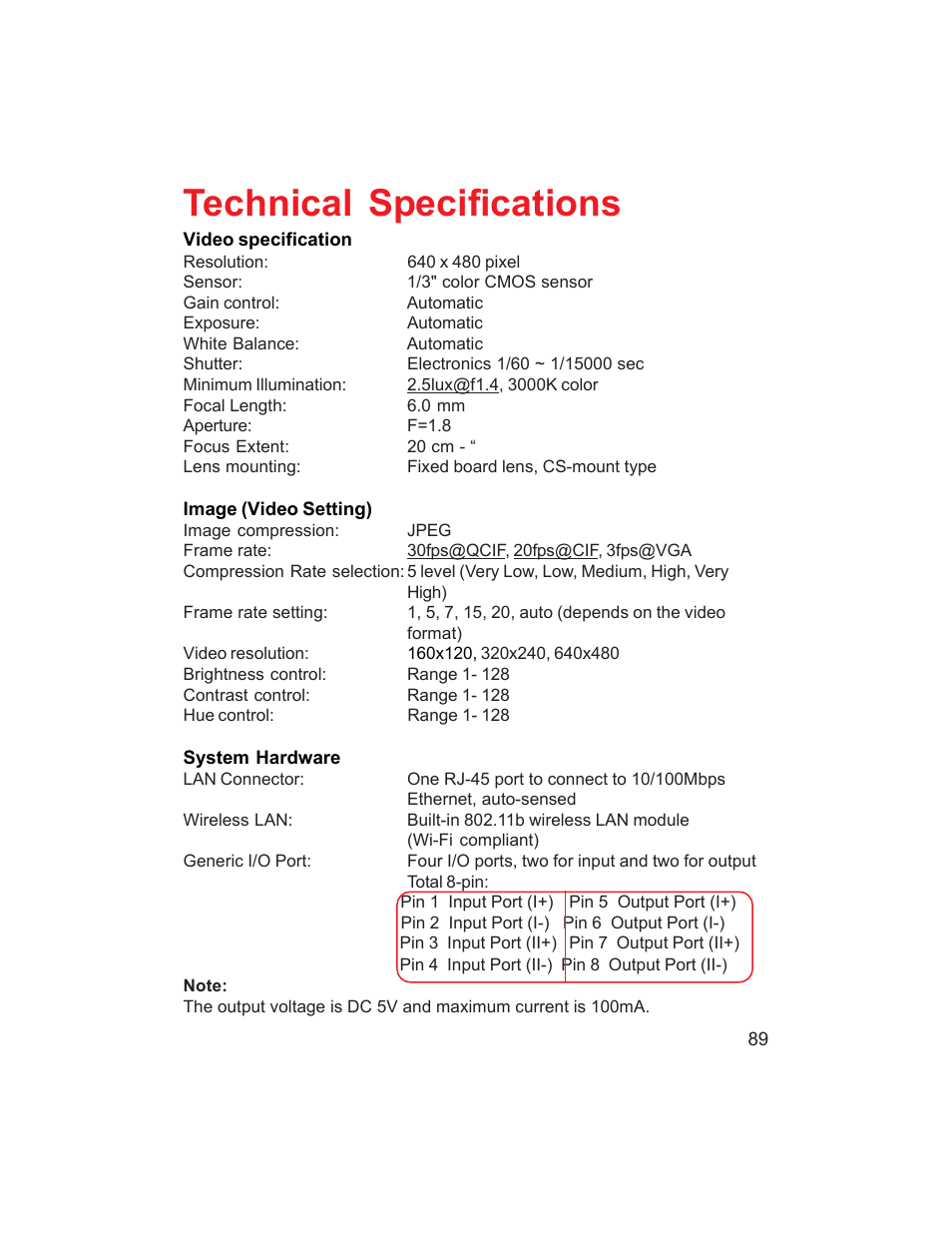 Technical specifications | D-Link DCS-1000W User Manual | Page 89 / 97