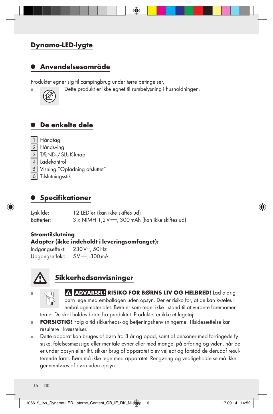 Dynamo-led-lygte, Anvendelsesområde, De enkelte dele | Specifikationer, Sikkerhedsanvisninger | Livarno Z31095 User Manual | Page 16 / 32