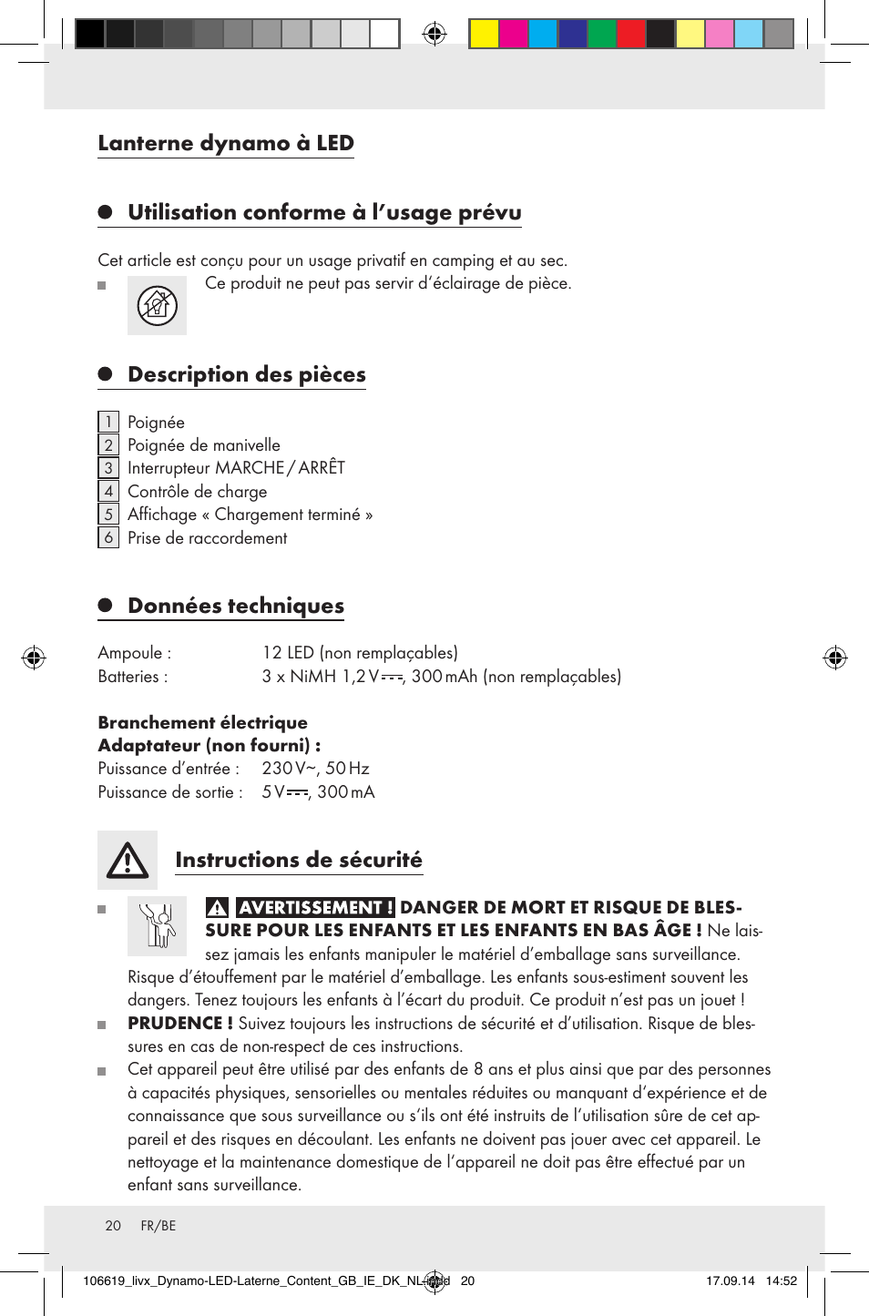 Lanterne dynamo à led, Utilisation conforme à l’usage prévu, Description des pièces | Données techniques, Instructions de sécurité | Livarno Z31095 User Manual | Page 20 / 32