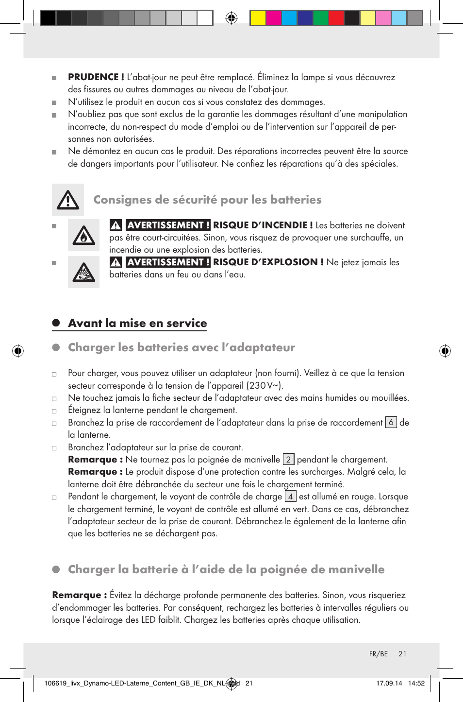 Consignes de sécurité pour les batteries, Avant la mise en service, Charger les batteries avec l’adaptateur | Livarno Z31095 User Manual | Page 21 / 32