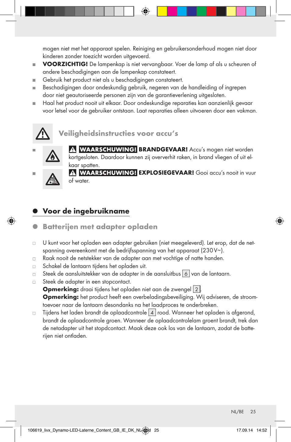 Veiligheidsinstructies voor accu’s, Voor de ingebruikname, Batterijen met adapter opladen | Livarno Z31095 User Manual | Page 25 / 32