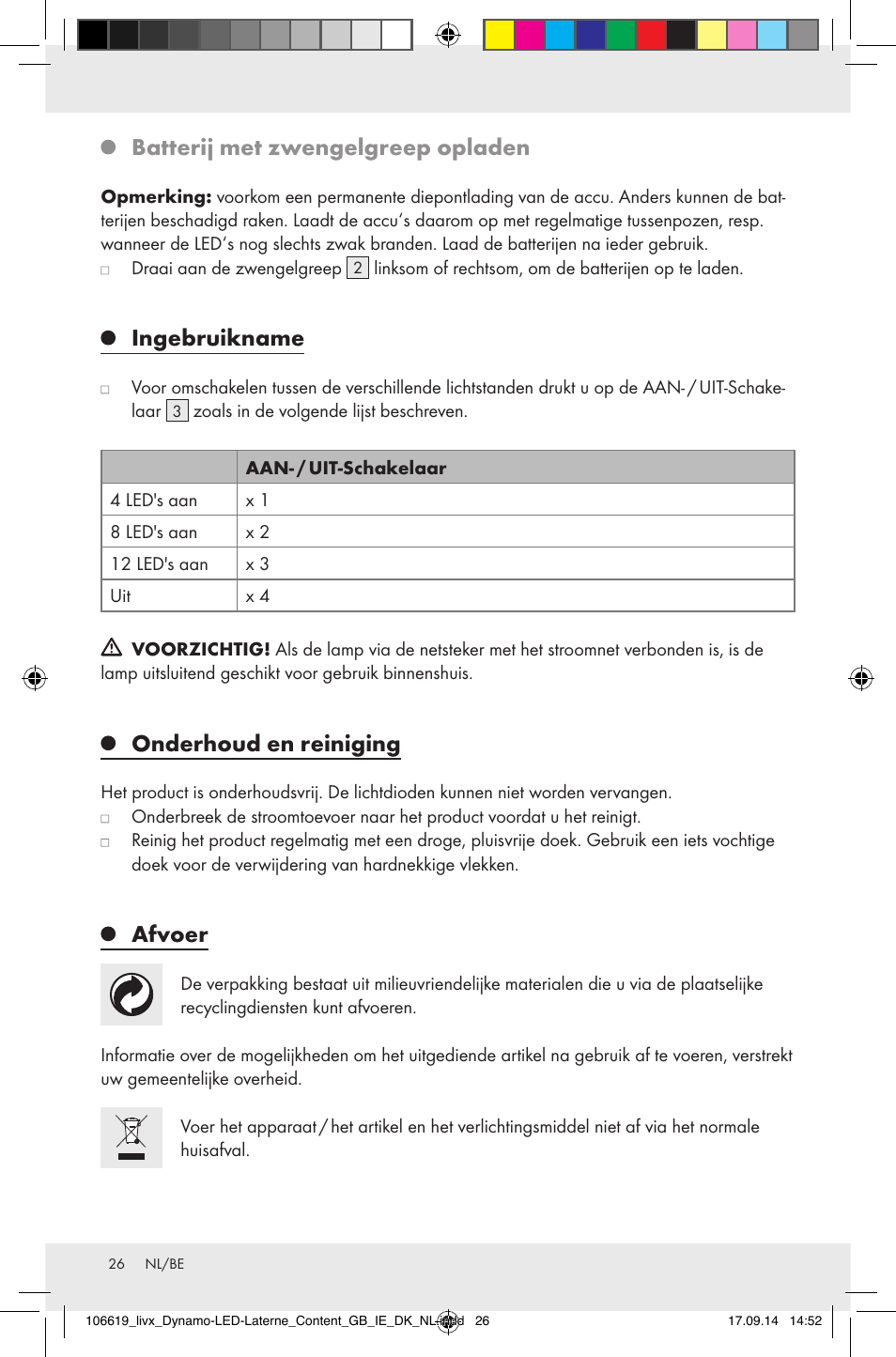 Batterij met zwengelgreep opladen, Ingebruikname, Onderhoud en reiniging | Afvoer | Livarno Z31095 User Manual | Page 26 / 32