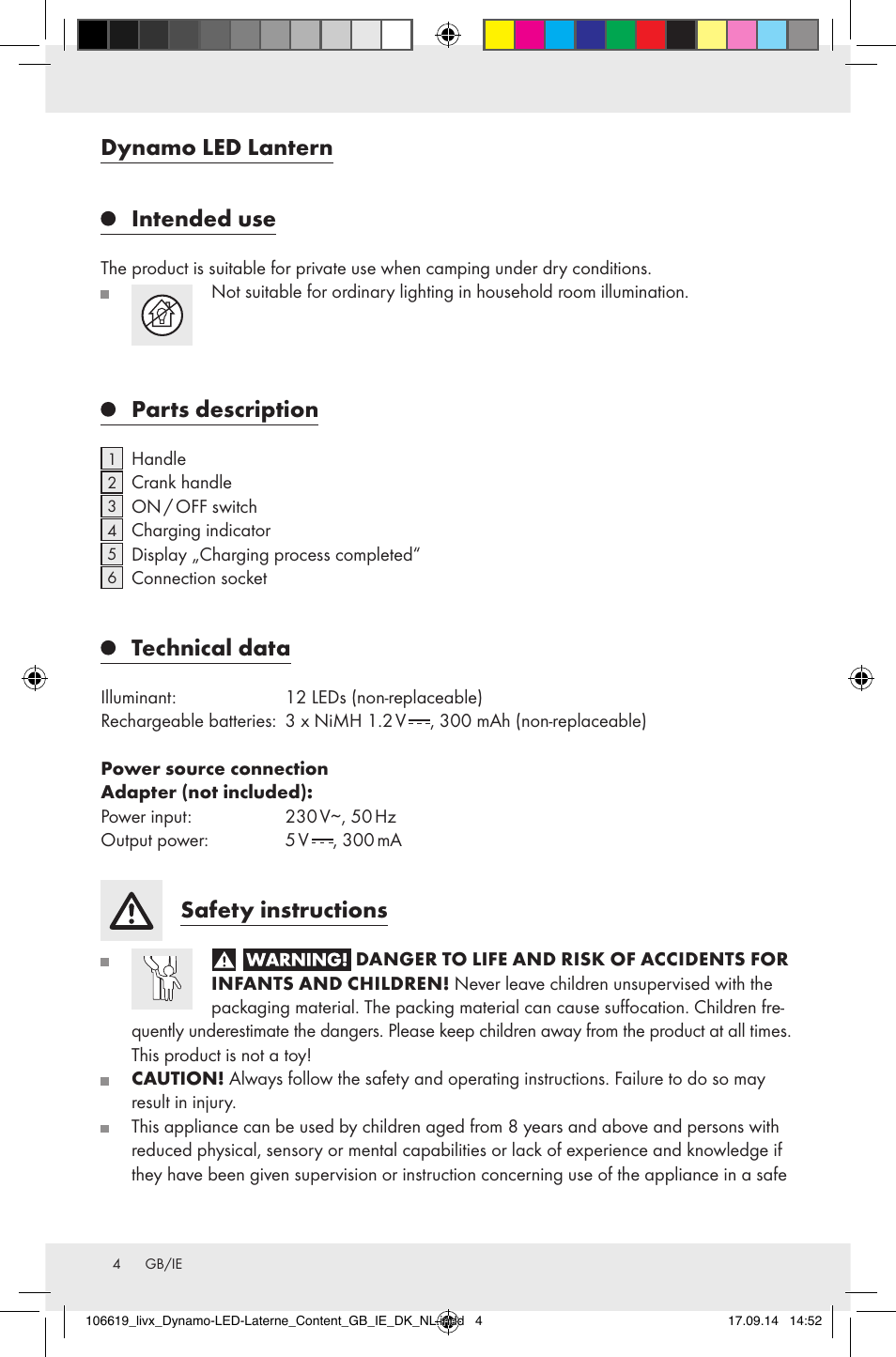 Dynamo led lantern, Intended use, Parts description | Technical data, Safety instructions | Livarno Z31095 User Manual | Page 4 / 32