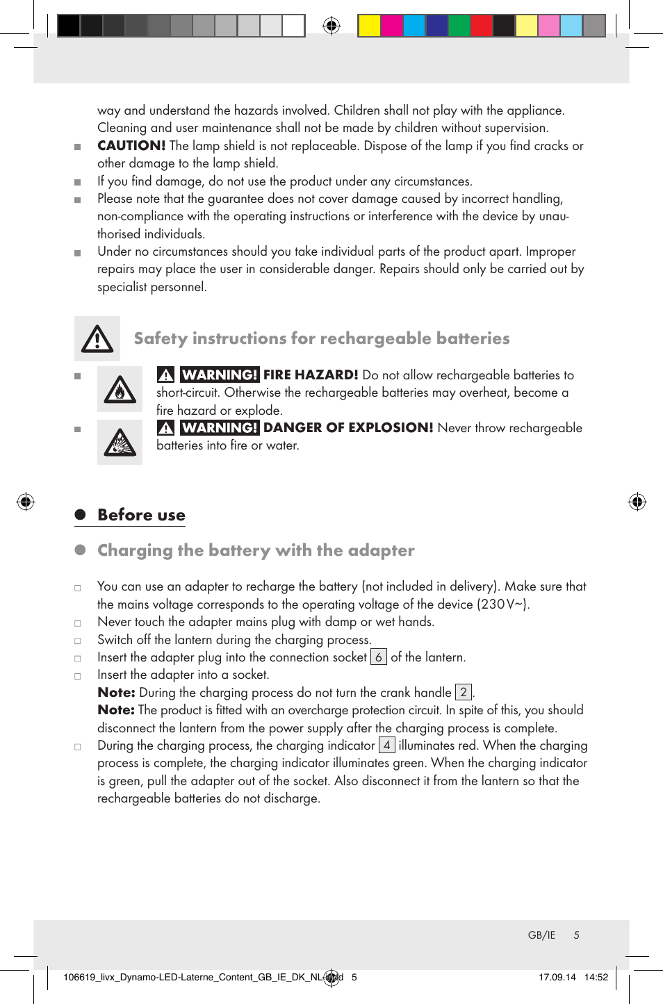 Safety instructions for rechargeable batteries, Before use charging the battery with the adapter | Livarno Z31095 User Manual | Page 5 / 32