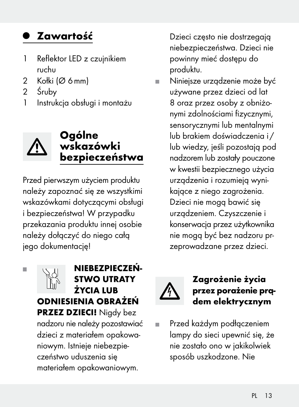 Zawartość, Ogólne wskazówki bezpieczeństwa | Livarno Z31710A, Z31710B User Manual | Page 13 / 64